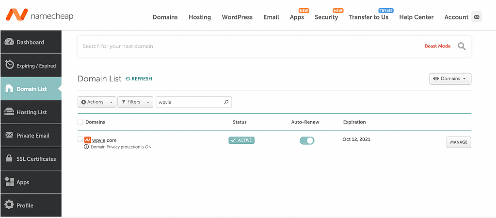 Bảng điều khiển quản lý tên miền NameCheap