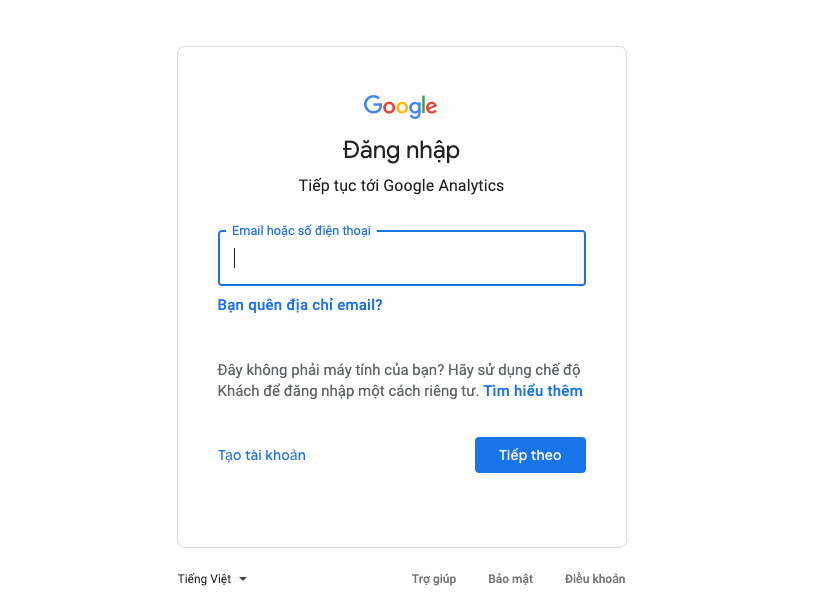 Đăng nhập google analytics