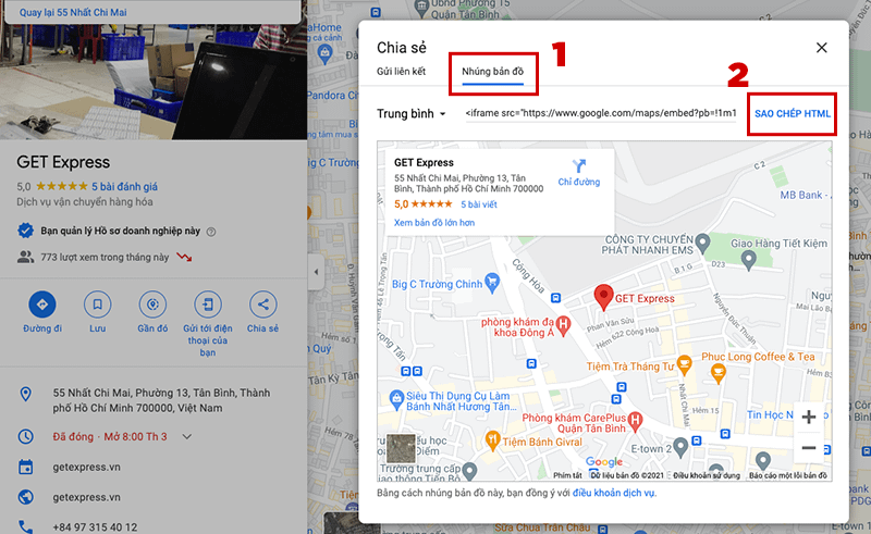Sao chép mã nhúng của Google Maps